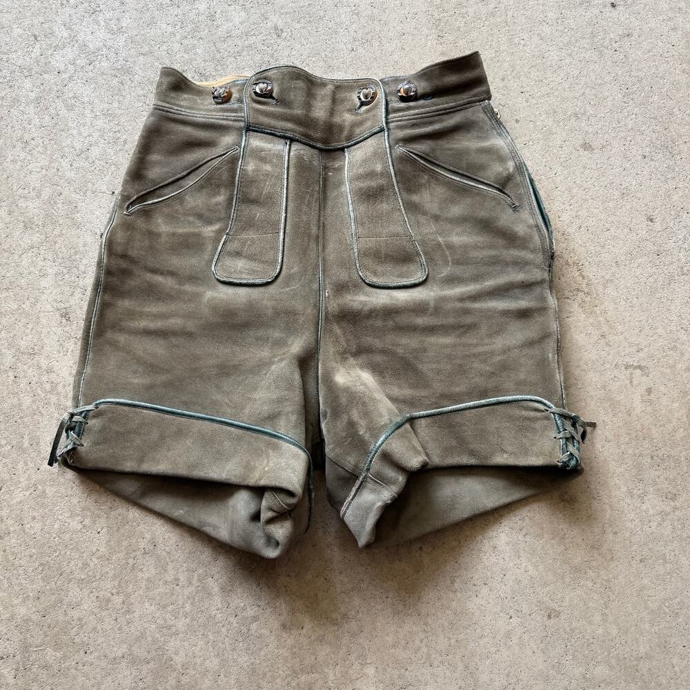 Vintage West Germany Gray Suede Leather Lederhosen German Oktoberfest Shorts 26